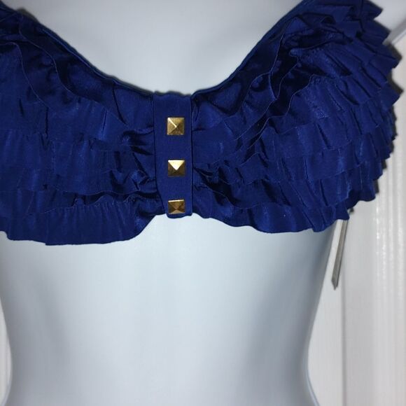Ingear Cute ruffle-top navy string bikini  top with gold accents Sz M - Picture 2 of 5